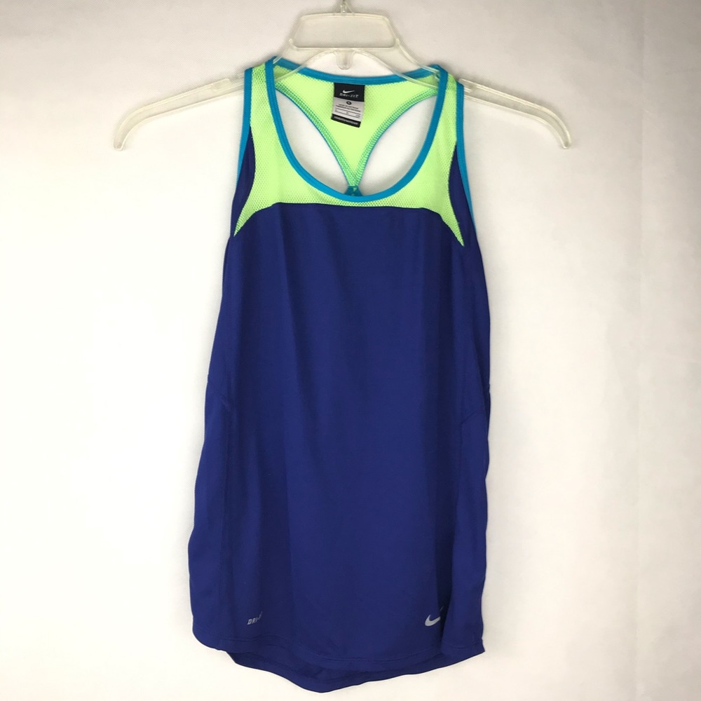Nike Active Wear Tank Top Size Small Blue Racer Back Neon Green Mesh Trim Swoosh